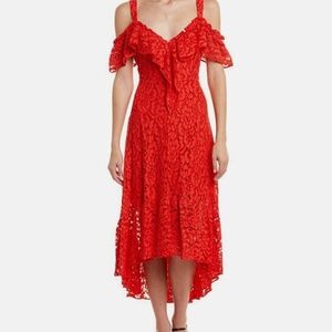 BCBGMAXAZRIA High Low Flare Lace Midi Off Shoulder Dress
